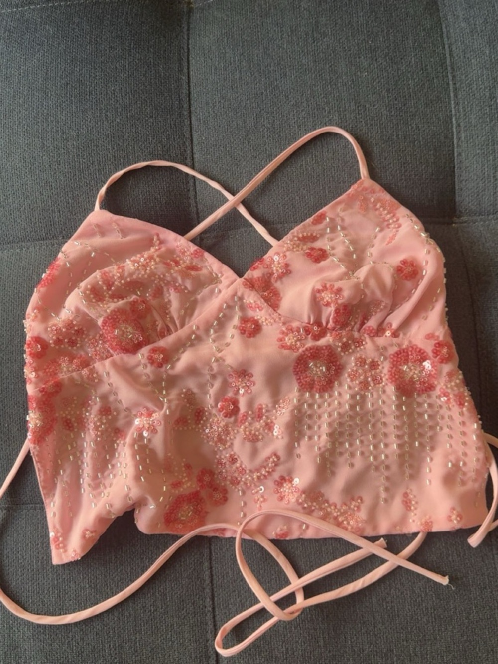 American Threads Pink Beaded Floral Crop Top